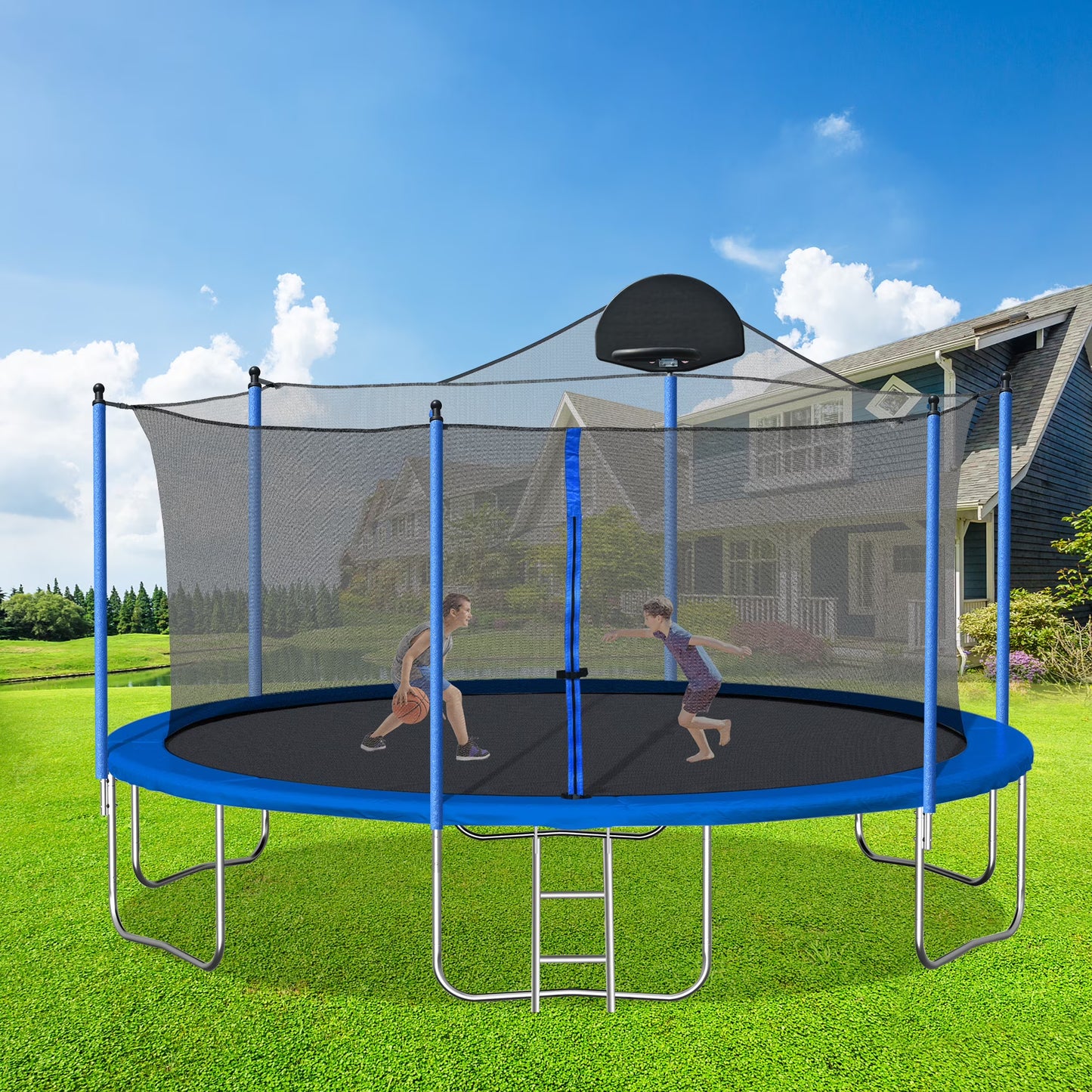 14FT Trampoline with Enclosure for Kids Adults, SEGMART Outdoor Pumpkin Round Recreational Trampoline with No-Gap Design, Heavy Duty Backyard Trampoline with Ladder, Spring Pading for Indoor Outdoor