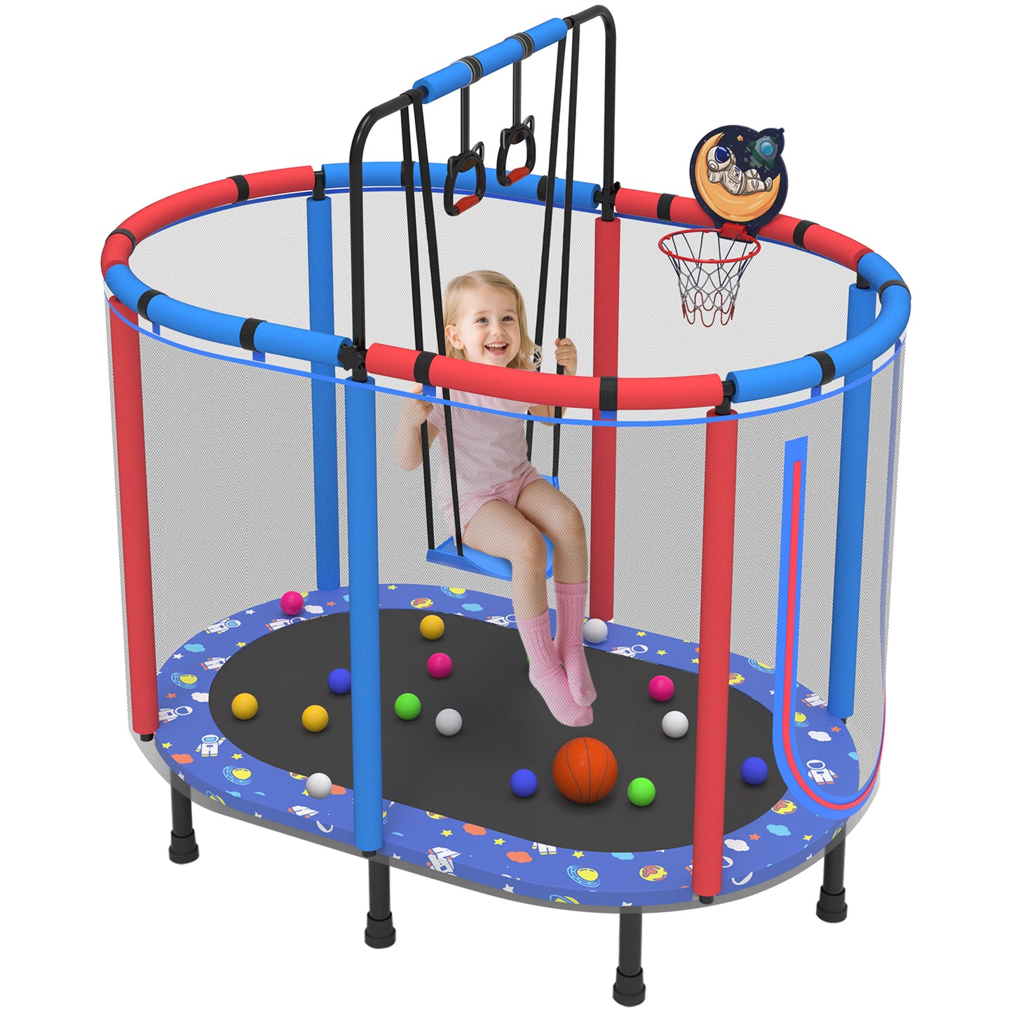 60" Kids Trampoline with Swing, Horizontal Bar, SEGMART 4-in-1 Oval Toddler Trampoline with Enclosure Safety Net, Outdoor Indoor Backyard Recreational Trampoline for Kids, Toddlers, Baby