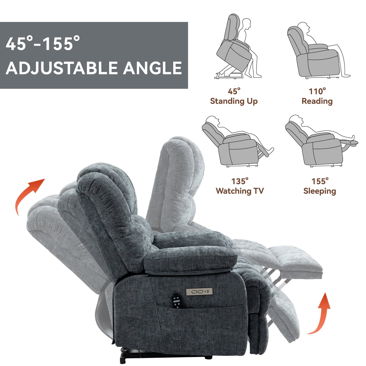 Extra Wide Power Lift Recliner Chair for Elderly, Oversized Chenille Lift Chair with 8-Point Massage & Lumbar Heat, USB Charging Port, Side Pockets, 350 lbs Capacity