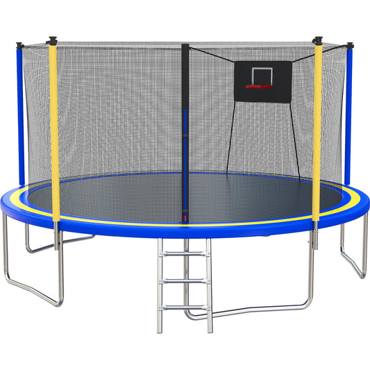 14ft Trampoline with Basketball Hoop, SEGMART Upgraded Round Kids Outdoor Trampoline with Enclosure, Heavy-Duty Backyard Trampoline for Adults and Kids, Blue