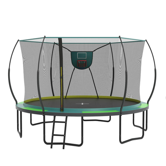 14ft Trampoline with Safety Enclosure Net, SEGMART Upgraded Round Kids Outdoor Trampoline with Ladder, Heavy Duty Backyard Trampoline, Recreational Trampoline for Adults and Kids, Green