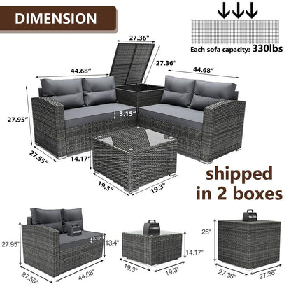 SEGMART Patio Rattan Sectional Couch Set, 4 Piece Outdoor Wicker Furniture Set, Elegant Cushioned Sofa Set, Conversation Chair Set with Storage Box & Table for Backyard, Lawn, Poolside