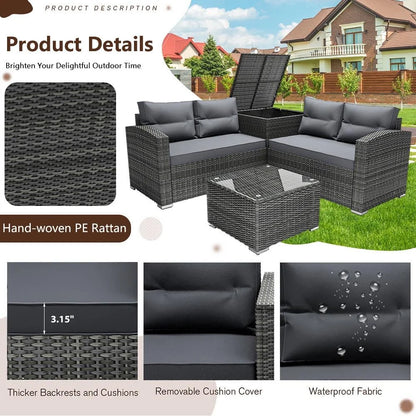 SEGMART Patio Rattan Sectional Couch Set, 4 Piece Outdoor Wicker Furniture Set, Elegant Cushioned Sofa Set, Conversation Chair Set with Storage Box & Table for Backyard, Lawn, Poolside