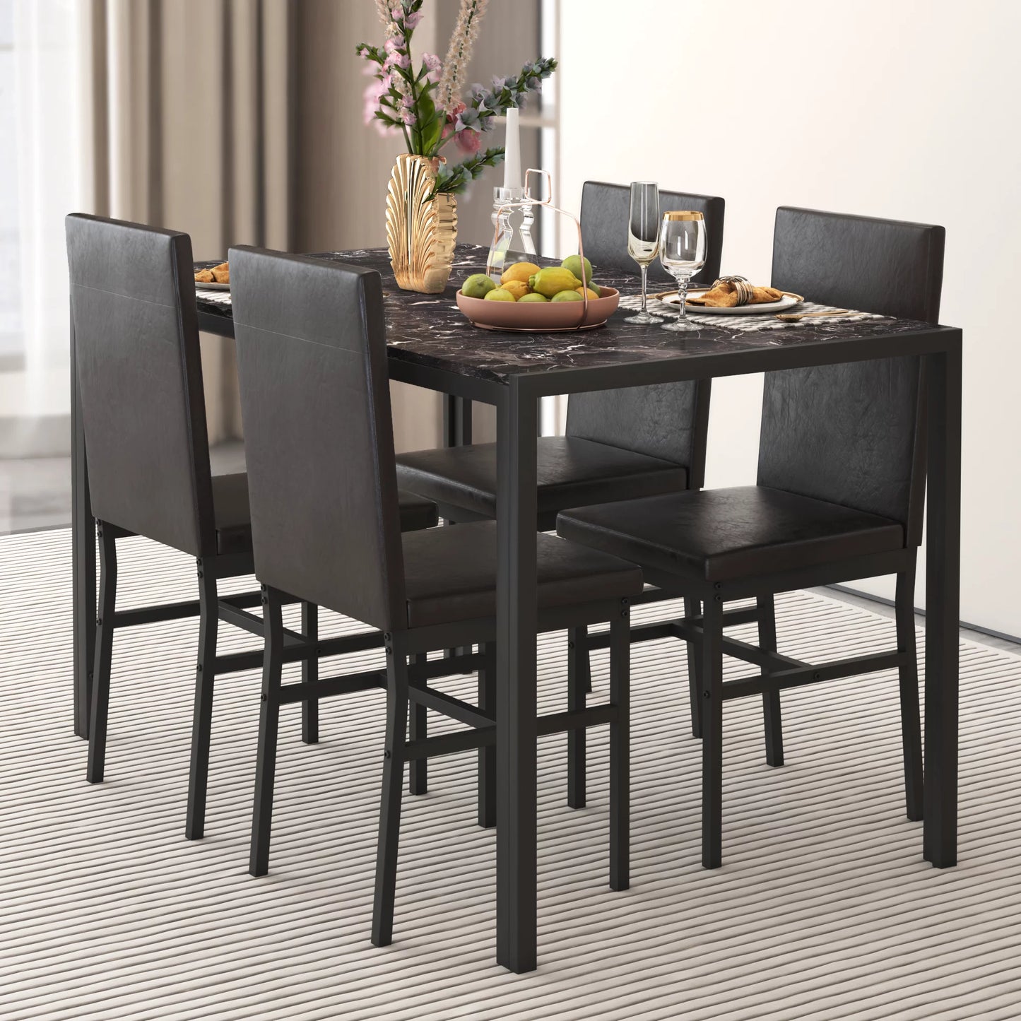 Dining Table with 4 High-back Upholstered Chairs, Modern Dinette Set, Faux Marble Dining Table and Chairs Set for 4 Persons, Small Home Kitchen Dining Table Set, Ideal for Apartment Breakfast Nook Bar