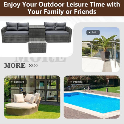 SEGMART Patio Rattan Sectional Couch Set, 4 Piece Outdoor Wicker Furniture Set, Elegant Cushioned Sofa Set, Conversation Chair Set with Storage Box & Table for Backyard, Lawn, Poolside