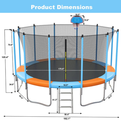 Trampoline for Adults and Kids with Safety Enclosure, 16ft SEGMART Upgrade Outdoor Trampoline with Basketball Hoop, Heavy Duty Round Trampoline with Ladder for Outdoor Park
