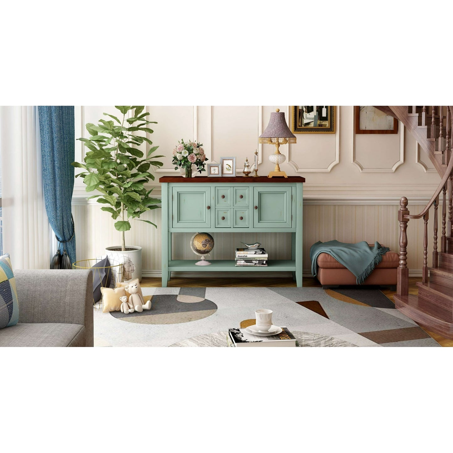 Console Table with 4 Storage Drawers,Storage Vintage Wood Buffet Sideboard Desk with 2 Cabinets and Bottom Shelf, Retro Entryway Table Cupboard for Living Room, Foyer, Hallway