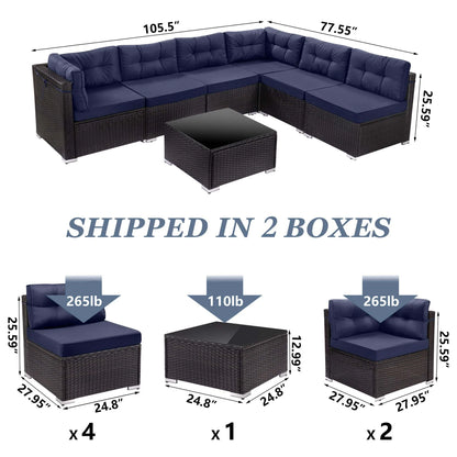 Patio Outdoor Furniture Sets, 7 Pieces All-Weather Rattan Sectional Sofa with Tea Table & Cushions, PE Rattan Wicker Sofa Couch Conversation Set for Garden Backyard Poolside