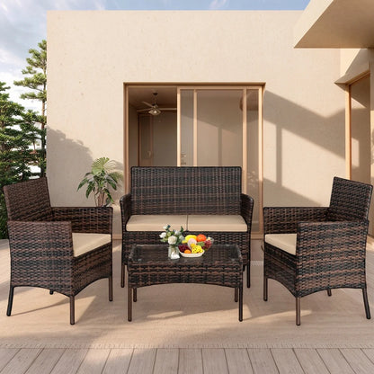 4 Pieces Outdoor Wicker Conversation Set, All-Weather Rattan Patio Furniture Sets with Arm Chairs, Tempered Glass Table and Cushions, Sectional Sofa Set for Backyard, Garden, Poolside