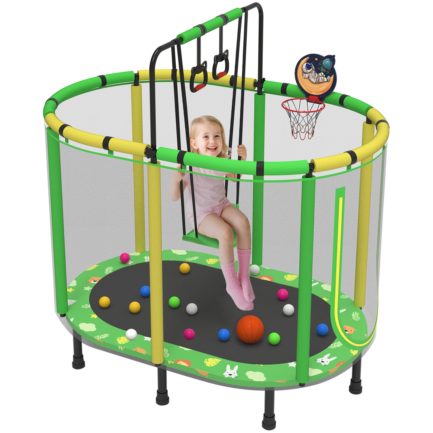 60" Kids Trampoline with Swing, Horizontal Bar, SEGMART 4-in-1 Oval Toddler Trampoline with Enclosure Safety Net, Outdoor Indoor Backyard Recreational Trampoline for Kids, Toddlers, Baby