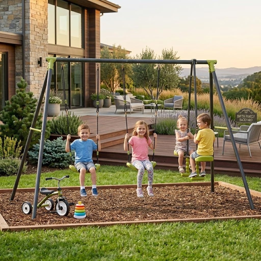 Metal Swing Sets for Kids, SEGMART Outdoor Swing Set with 2 Belt Swings, Glider, Kids Swing Sets for Backyard, Heavy Duty Swing Set, Outdoor Playset, Green