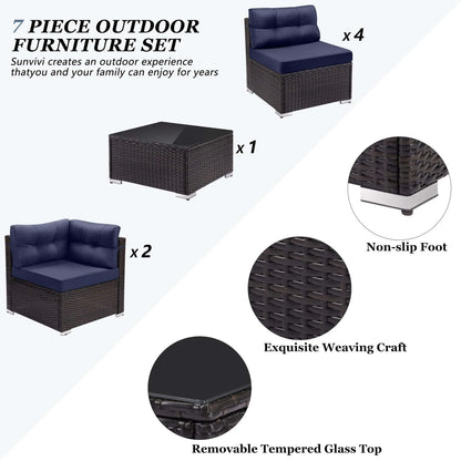 Patio Outdoor Furniture Sets, 7 Pieces All-Weather Rattan Sectional Sofa with Tea Table & Cushions, PE Rattan Wicker Sofa Couch Conversation Set for Garden Backyard Poolside