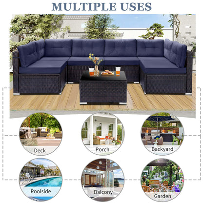 Patio Outdoor Furniture Sets, 7 Pieces All-Weather Rattan Sectional Sofa with Tea Table & Cushions, PE Rattan Wicker Sofa Couch Conversation Set for Garden Backyard Poolside