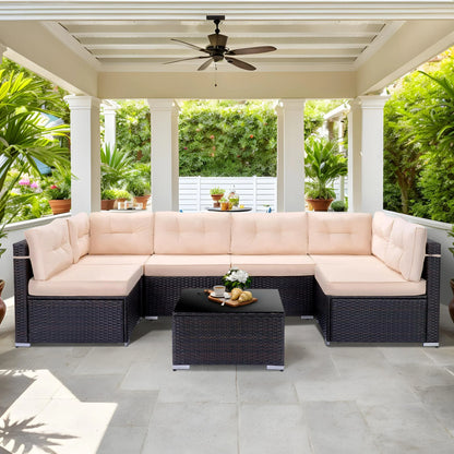 Patio Outdoor Furniture Sets, 7 Pieces All-Weather Rattan Sectional Sofa with Tea Table & Cushions, PE Rattan Wicker Sofa Couch Conversation Set for Garden Backyard Poolside