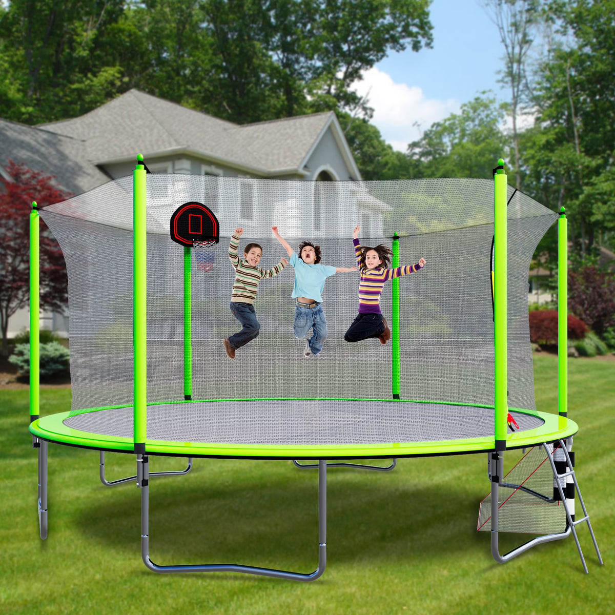 12FT Trampoline with Slide, Swings, SEGMART Recreational Trampoline with Basketball Hoop and Ladder, Heavy Duty Outdoor Backyard Trampoline with Net for Kids and Adults, Green
