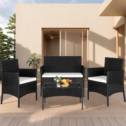 4 Pieces Outdoor Wicker Conversation Set, All-Weather Rattan Patio Furniture Sets with Arm Chairs, Tempered Glass Table and Cushions, Sectional Sofa Set for Backyard, Garden, Poolside