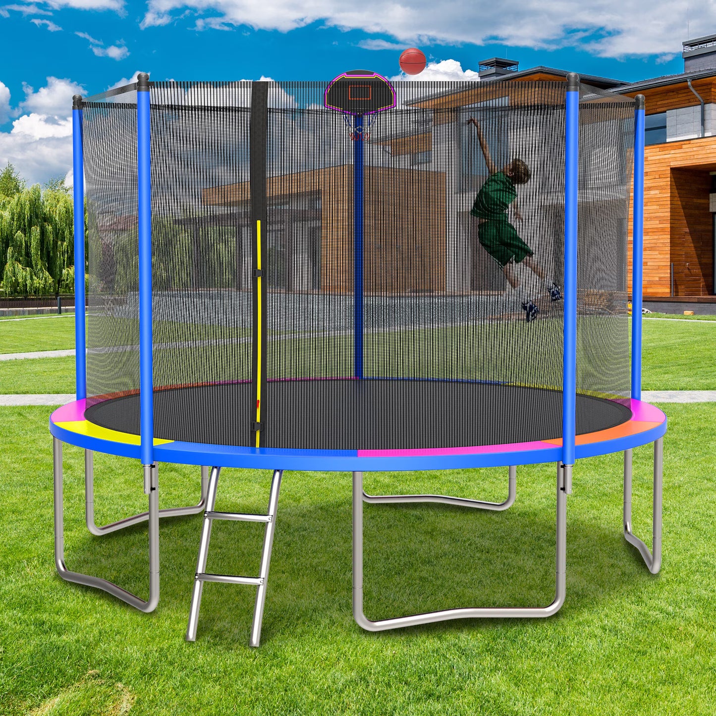 14FT Trampoline with Enclosure for Kids Adults, SEGMART Outdoor Pumpkin Round Recreational Trampoline with No-Gap Design, Heavy Duty Backyard Trampoline with Ladder, Spring Pading for Indoor Outdoor