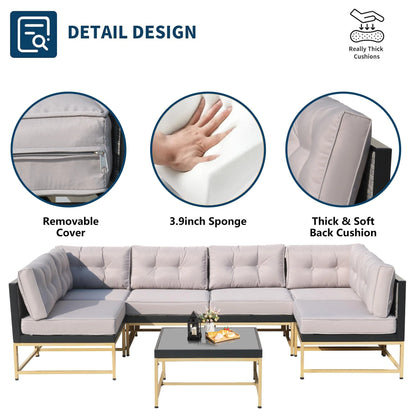 Patio Outdoor Furniture Sets, 7 Pieces All-Weather Rattan Sectional Sofa with Tea Table and Cushions, PE Rattan Wicker Sofa Couch Conversation Set for Garden Backyard Poolside