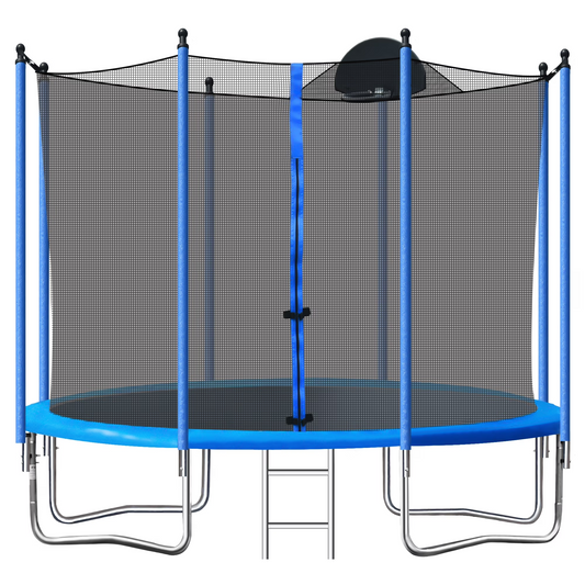 10FT Trampoline with Enclosure Net, Upgrade Outdoor Round Trampoline with Basketball Hoop, Heavy Duty Backyard Trampoline with Spring Cover for Kids and Adults, Blue