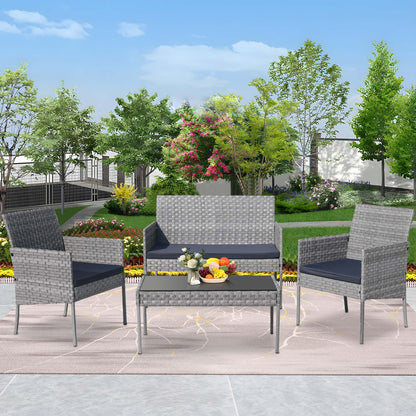 4 Pieces Outdoor Wicker Conversation Set, All-Weather Rattan Patio Furniture Sets with Arm Chairs, Tempered Glass Tabletop and Cushions, Sectional Sofa Set for Backyard, Garden, Poolside