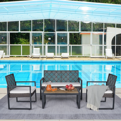 Outdoo Furniture Set, 4 Pieces Wicker Porch Conversation Set w/Cushions, All-weather Hollow Rattan Patio Sectional Sofa Set with Table