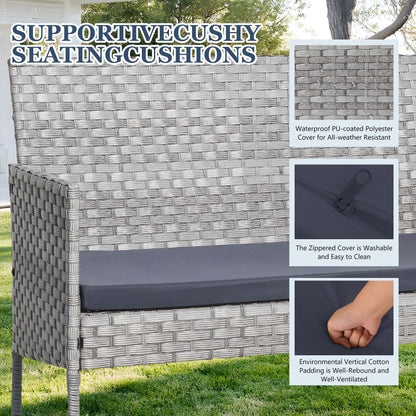 4 Pieces Outdoor Wicker Conversation Set, All-Weather Rattan Patio Furniture Sets with Arm Chairs, Tempered Glass Tabletop and Cushions, Sectional Sofa Set for Backyard, Garden, Poolside