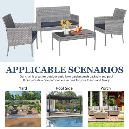 4 Pieces Outdoor Wicker Conversation Set, All-Weather Rattan Patio Furniture Sets with Arm Chairs, Tempered Glass Tabletop and Cushions, Sectional Sofa Set for Backyard, Garden, Poolside