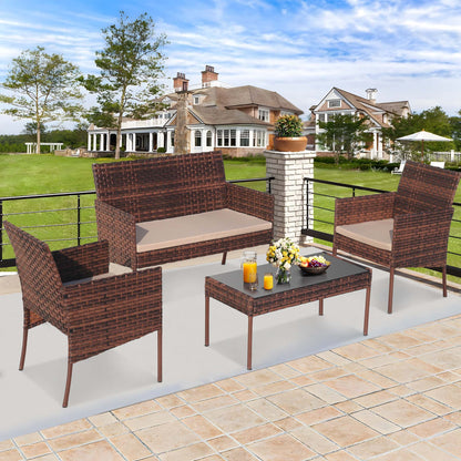 4 Pieces Outdoor Wicker Conversation Set, All-Weather Rattan Patio Furniture Sets with Arm Chairs, Tempered Glass Tabletop and Cushions, Sectional Sofa Set for Backyard, Garden, Poolside