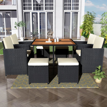 Wicker Patio Dining Set, 7PCS Outdoor Rattan Table & Chairs Set with Wooden Top & Padded Cushions, Deck Furniture Dining Table Set, Garden Porch Backyard Sectional Conversation Set