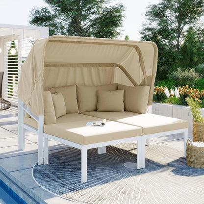 3-Piece Patio Sectional Daybed, Outdoor Metal Sectional Sofa Set with Retractable Canopy, Sun Lounger with Cushions for Patio Deck Poolside Garden Backyard, Gray