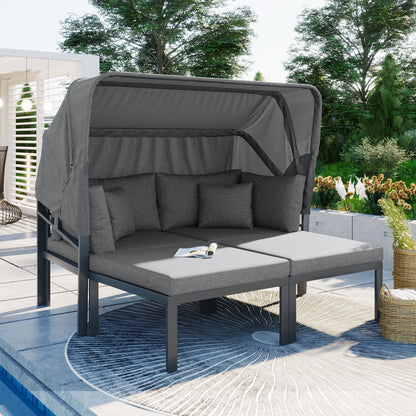3-Piece Patio Sectional Daybed, Outdoor Metal Sectional Sofa Set with Retractable Canopy, Sun Lounger with Cushions for Patio Deck Poolside Garden Backyard, Gray