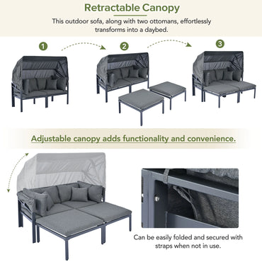3-Piece Patio Sectional Daybed, Outdoor Metal Sectional Sofa Set with Retractable Canopy, Sun Lounger with Cushions for Patio Deck Poolside Garden Backyard, Gray