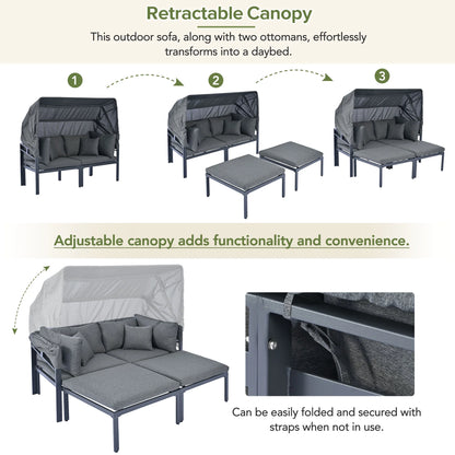 3-Piece Patio Sectional Daybed, Outdoor Metal Sectional Sofa Set with Retractable Canopy, Sun Lounger with Cushions for Patio Deck Poolside Garden Backyard, Gray