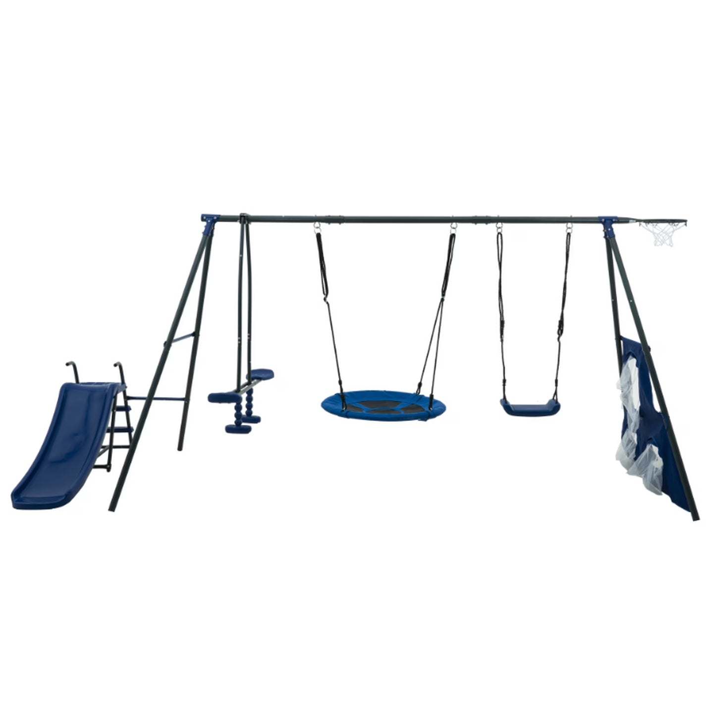 5 in 1 Outdoor Metal Swing Set with Basketball Hoop, Glider Swing, Heavy-Duty A-Frame Metal Outdoor Stand and Double Wall Slide, Metal Playset for Kids with Slide