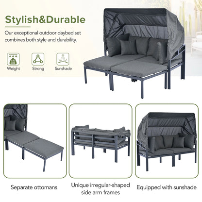 3-Piece Patio Sectional Daybed, Outdoor Metal Sectional Sofa Set with Retractable Canopy, Sun Lounger with Cushions for Patio Deck Poolside Garden Backyard, Gray