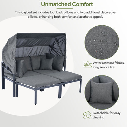 3-Piece Patio Sectional Daybed, Outdoor Metal Sectional Sofa Set with Retractable Canopy, Sun Lounger with Cushions for Patio Deck Poolside Garden Backyard, Gray