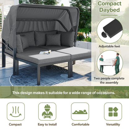 3-Piece Patio Sectional Daybed, Outdoor Metal Sectional Sofa Set with Retractable Canopy, Sun Lounger with Cushions for Patio Deck Poolside Garden Backyard, Gray