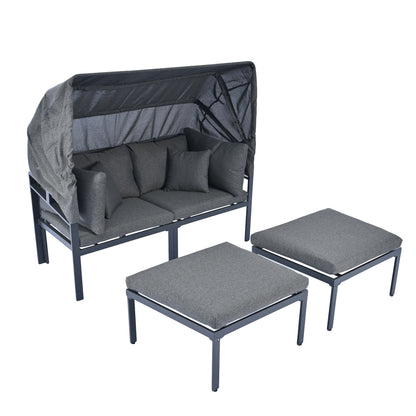 3-Piece Patio Sectional Daybed, Outdoor Metal Sectional Sofa Set with Retractable Canopy, Sun Lounger with Cushions for Patio Deck Poolside Garden Backyard, Gray