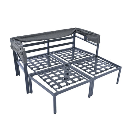 3-Piece Patio Sectional Daybed, Outdoor Metal Sectional Sofa Set with Retractable Canopy, Sun Lounger with Cushions for Patio Deck Poolside Garden Backyard, Gray
