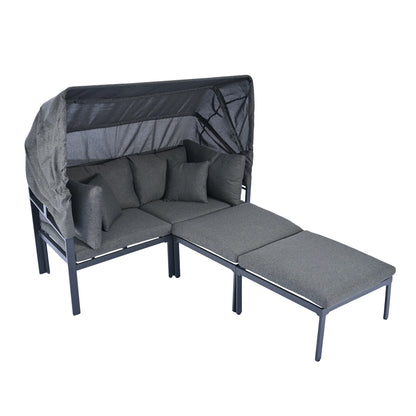 3-Piece Patio Sectional Daybed, Outdoor Metal Sectional Sofa Set with Retractable Canopy, Sun Lounger with Cushions for Patio Deck Poolside Garden Backyard, Gray