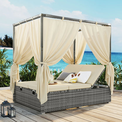 Patio Daybed, Outdoor Wicker Furniture Set with Four-Sided Canopy and Overhead Curtains, Outdoor Sofa Set w/Adjustable Seat for Patio Deck Poolside Garden Backyard