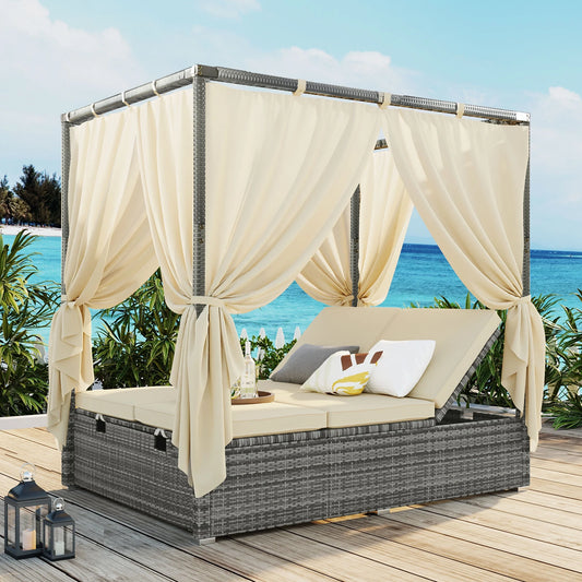 Patio Daybed, Outdoor Wicker Furniture Set with Four-Sided Canopy and Overhead Curtains, Outdoor Sofa Set w/Adjustable Seat for Patio Deck Poolside Garden Backyard