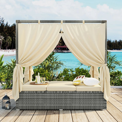 Patio Daybed, Outdoor Wicker Furniture Set with Four-Sided Canopy and Overhead Curtains, Outdoor Sofa Set w/Adjustable Seat for Patio Deck Poolside Garden Backyard