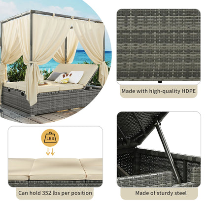 Patio Daybed, Outdoor Wicker Furniture Set with Four-Sided Canopy and Overhead Curtains, Outdoor Sofa Set w/Adjustable Seat for Patio Deck Poolside Garden Backyard