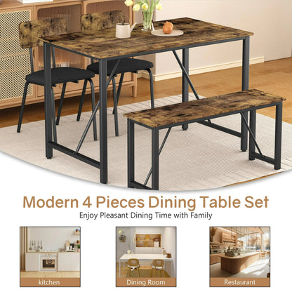 Dining Table Set, 4 Piece Dining Room Table Set for Small Spaces, Kitchen Table with 2 PU Leather Upholstered Chairs and a Long Bench, Space-Saving Table Set for Kitchen, Dining Room, Restaurant