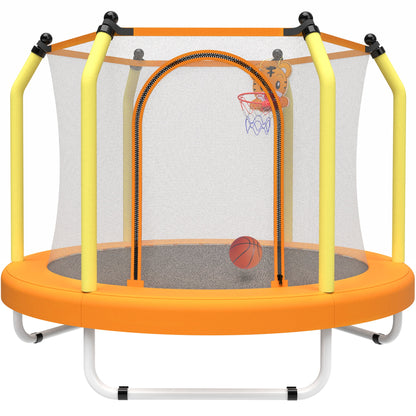 55" Trampoline with Enclosure for Kids, SEGMART Indoor Outdoor Toddler Trampoline with Basketball, Indoor Outdoor Kids Trampoline with Basketball Hoop, Small Round Trampoline for Boys Girls