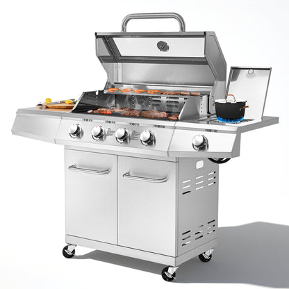 4-Burner Gas Grill and Griddle Combo with Side Burner, 50,000 BTU Propane BBQ Grill with Porcelain-Enameled Cast Iron Grates, Built-in Thermometer, Ideal for Patio Camping Outdoor Cooking