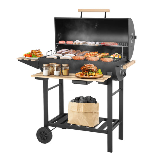 Segmart Charcoal Grill with Side Table, Portable Outdoor Camping Barrel BBQ Oven with Wheels, Black