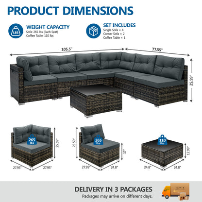 7 Piece Rattan Sectional Sofa Set, Outdoor Conversation Set, All-Weather Wicker Sectional Seating Group with Cushions & Coffee Table, Modern Furniture Couch Set for Patio Deck Garden Pool
