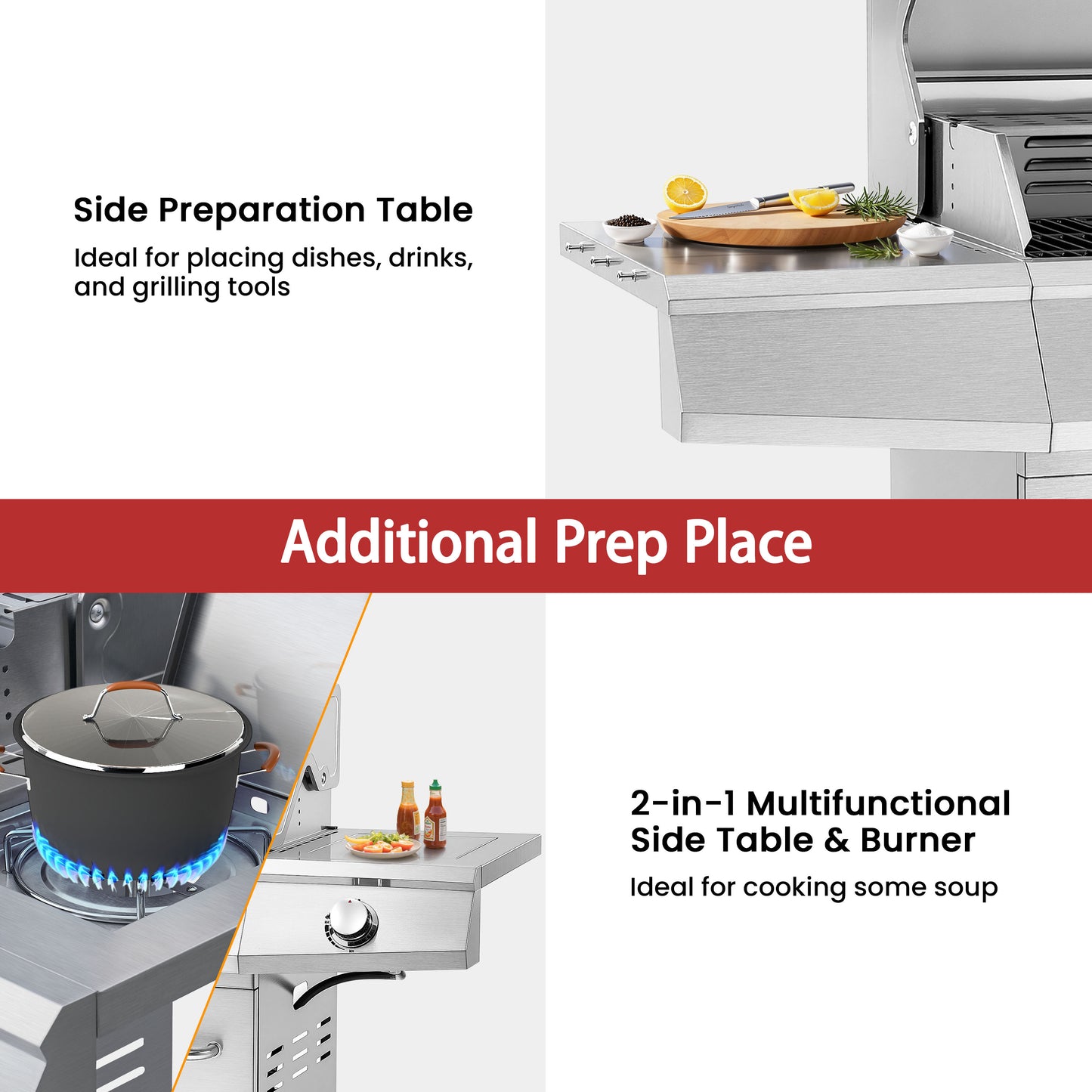 4-Burner Gas Grill and Griddle Combo with Side Burner, 50,000 BTU Propane BBQ Grill with Porcelain-Enameled Cast Iron Grates, Built-in Thermometer, Ideal for Patio Camping Outdoor Cooking